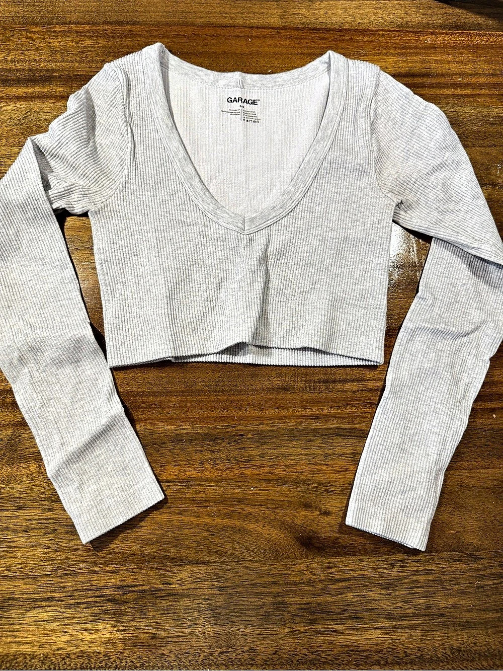 Garage Ribbed Deep V Neck Long Sleeve Top Crop Top heather gray Small